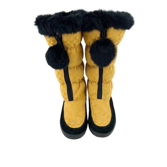 Coach Theona Gold Rabbit Fur Trim Winter Boots Womens 7B Logo Print Poof Zipper - Picture 6 of 10
